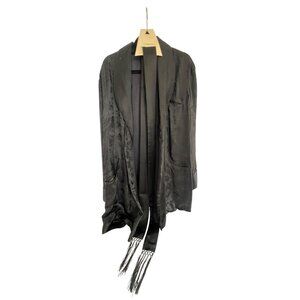 VTG Black Silk Jacquard Smoking Jacket With Fringed Scarf Collar & Floral Patter